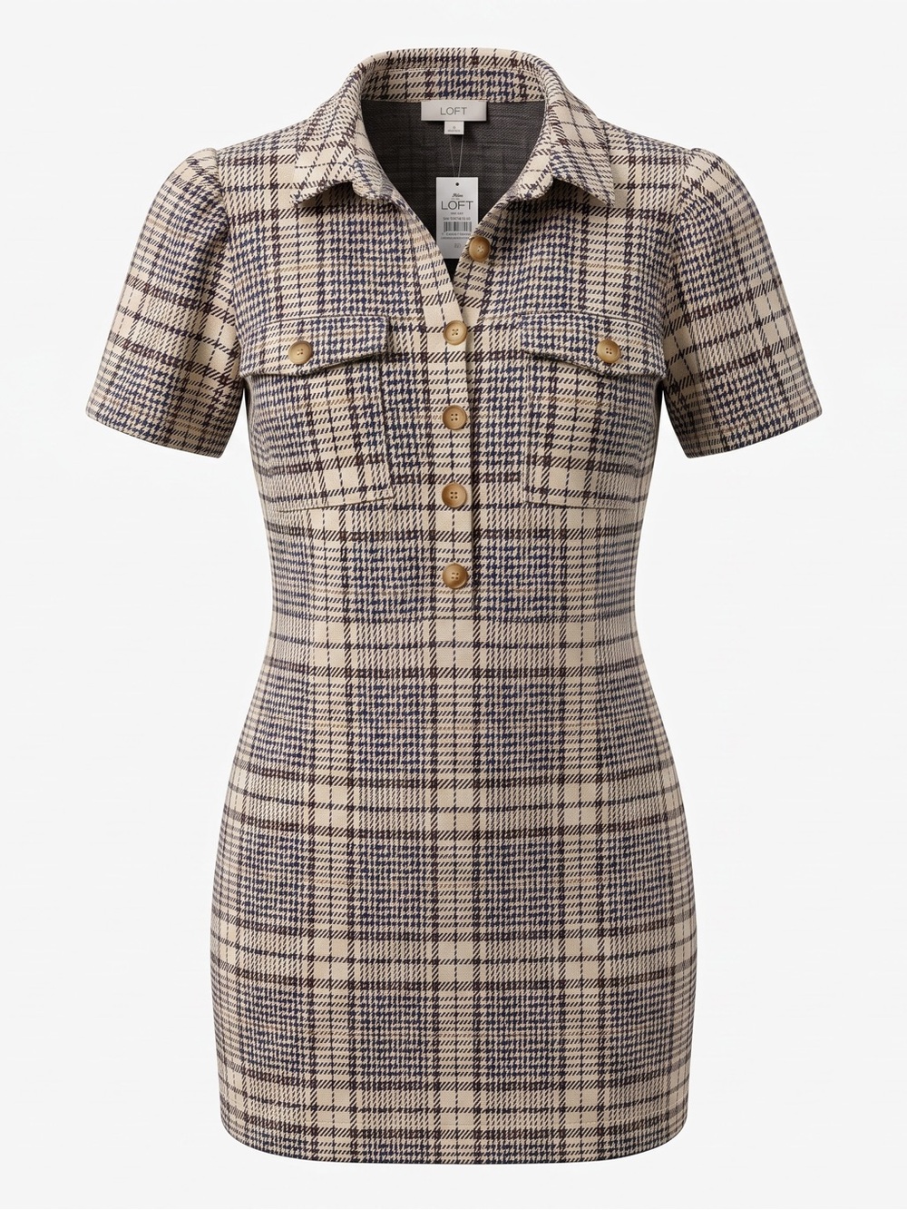 NWT LOFT Outlet Plaid Shift Dress Houndstooth Pocket Mini | Size 8 - Picture 1 of 5